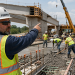 Concrete foreman supervising road and bridge construction workers on a major infrastructure project
