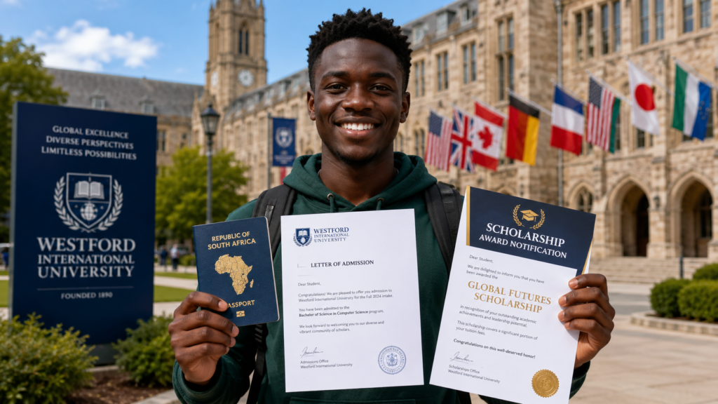 African student celebrating a fully funded scholarship opportunity to study abroad