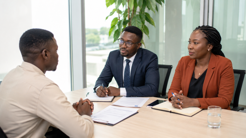 Nigerian job seeker answering questions during a professional job interview