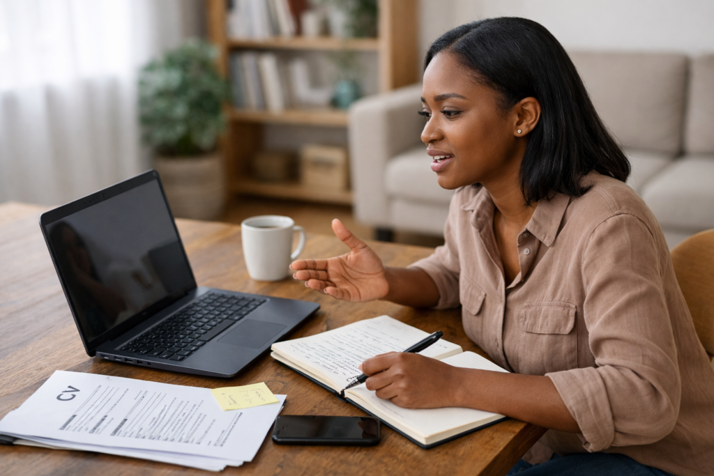 Job applicant practicing interview answers before an upcoming interview