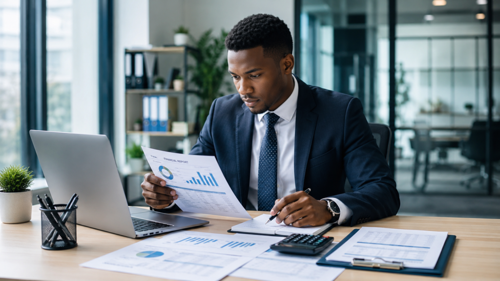 Reconciliation Officer reviewing financial records and invoices in a Lagos office