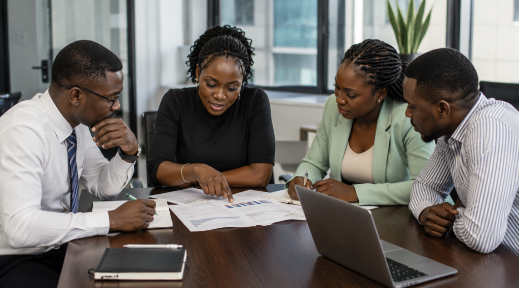 Professionals collaborating during a team meeting in an office
