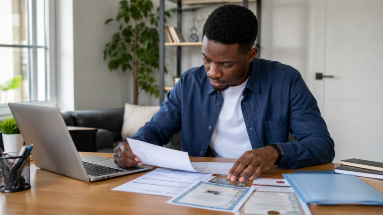 Nigerian job seeker organizing CV, certificates, and other documents before applying for a job.