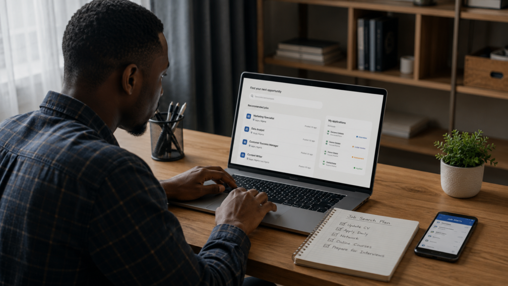 Young Nigerian professional searching for jobs online using a laptop