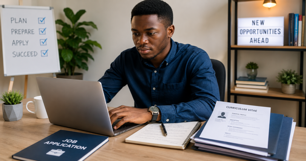 Young Nigerian job seeker reviewing a CV and applying for jobs online from a laptop