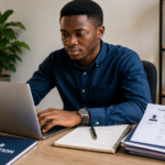 Young Nigerian job seeker reviewing a CV and applying for jobs online from a laptop