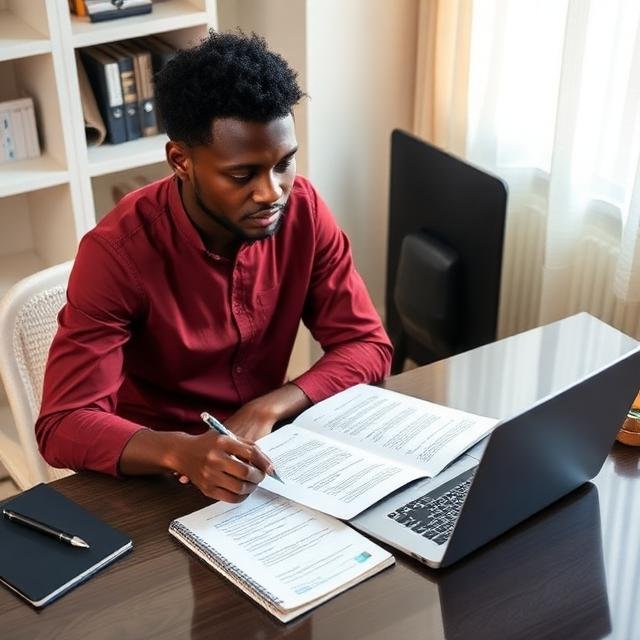 Young Nigerian job seeker writing a professional cover letter on a laptop before applying for a job.