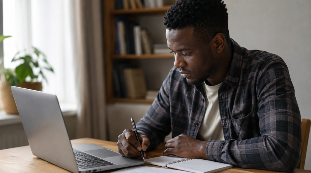 Job seeker reviewing a vacancy announcement before writing a cover letter.
