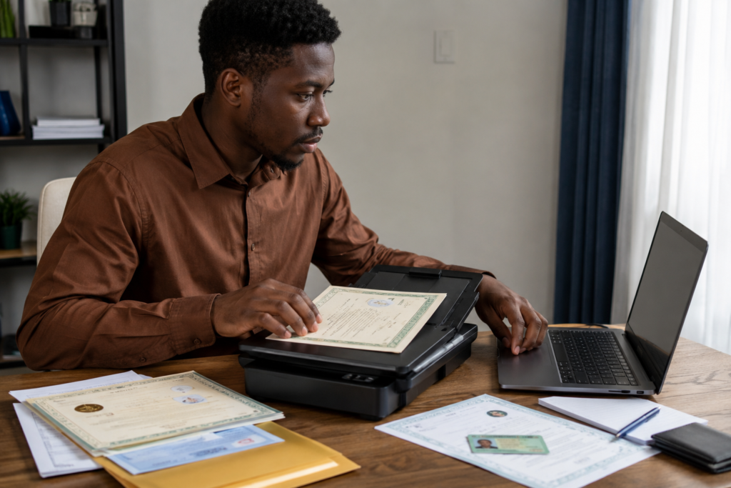 Job applicant preparing scanned copies of academic certificates and identification documents.