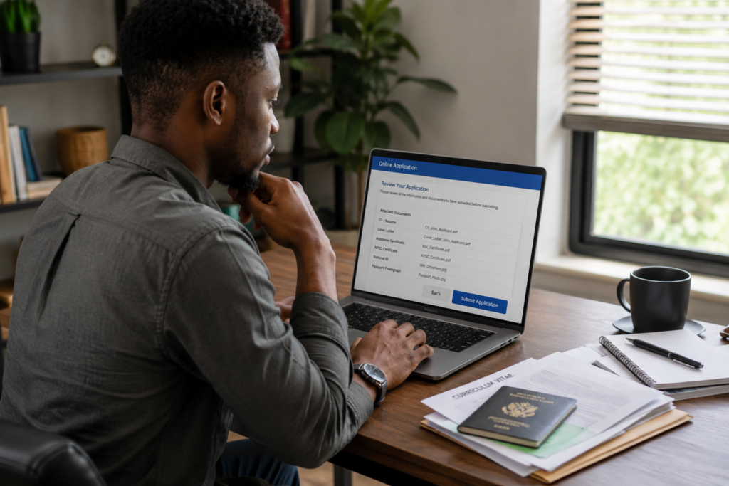 Job seeker reviewing attached application documents before submitting an online job application.