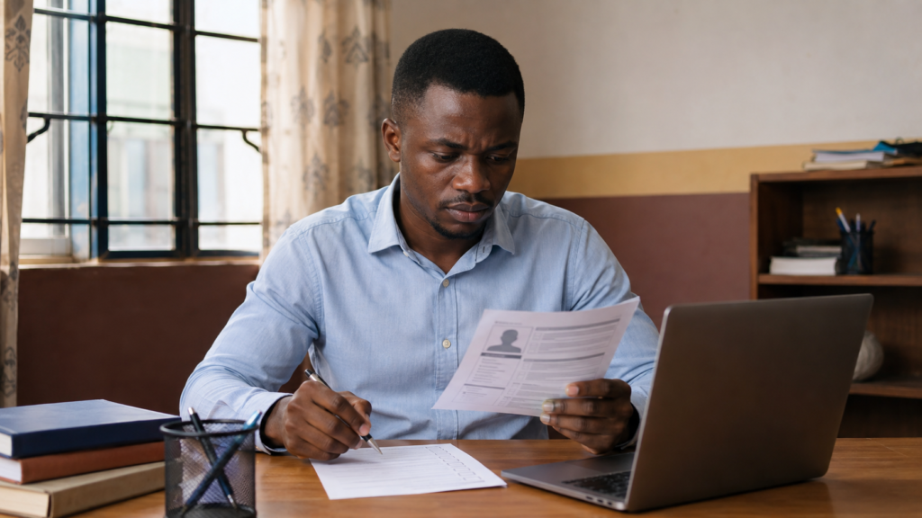 Nigerian job seeker reviewing a CV and job application checklist