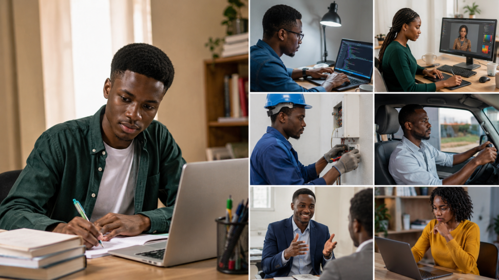 Young Nigerian professionals building successful careers through practical skills without a university degree