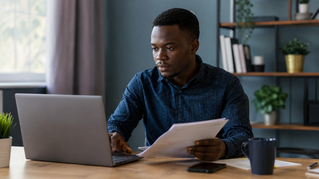 Nigerian graduate applying for a government job online using a laptop