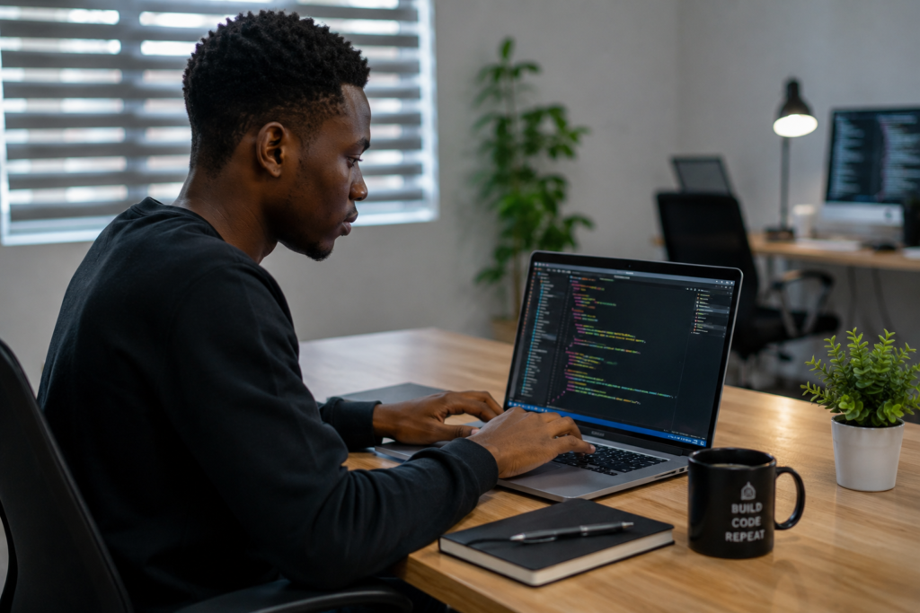 Nigerian software developer building a web application on a laptop.